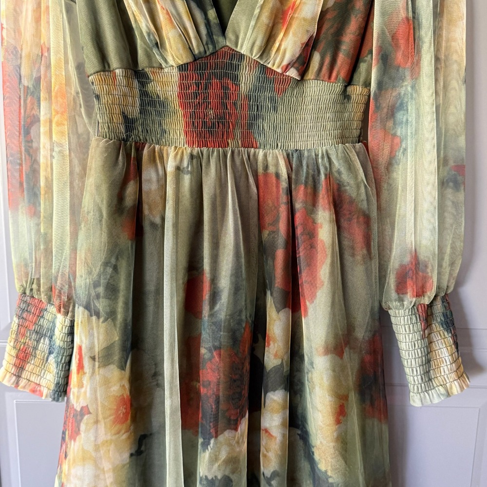 Baltic Born Layla Tulle Maxi Dress Women M Olive Rust NWT Floral Smocked V-Neck - Picture 9 of 15